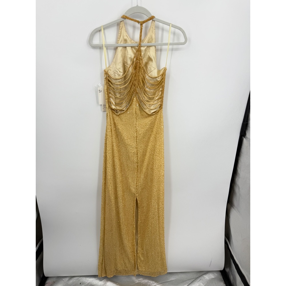Scala 47815L Beaded Silk Halter Gown Women Size M Yellow Gold Open Back Formal